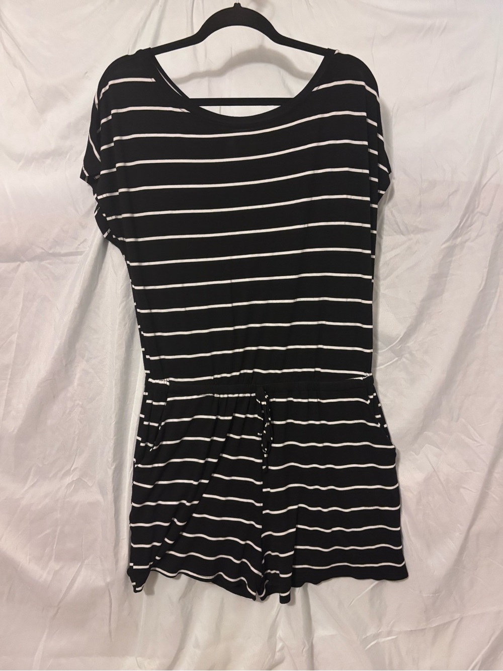 Black & White Striped Short Sleeve Romper with Drawstring Waist